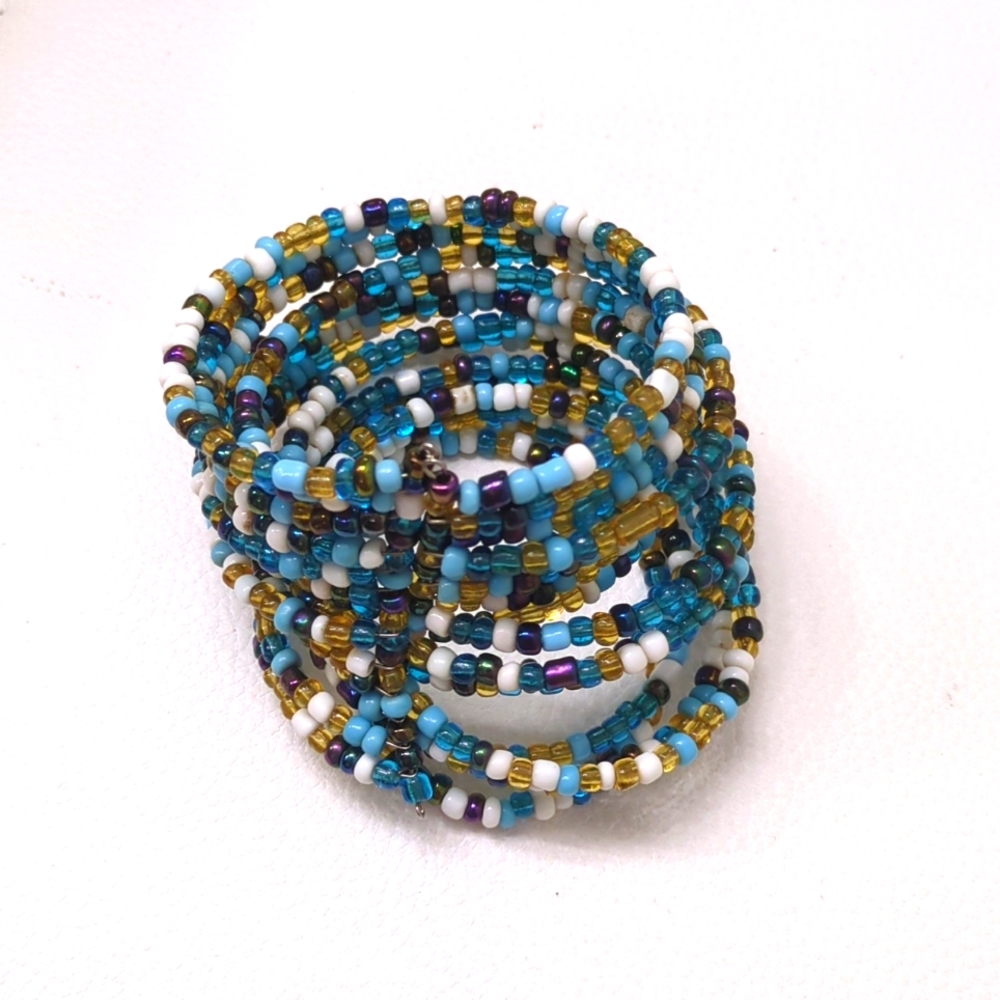 Blue Gold White Beach Beaded Cuff Bracelet